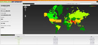 A BoundlessInformant global heat map of data collection. The color scheme ranges from green (areas least subjected to surveillance) through yellow and orange to red (areas most subjected to surveilance).
